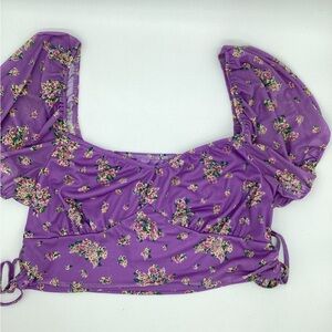 love, Fire Purple Floral Puff-Sleeve Crop Top with Square Neck NWT